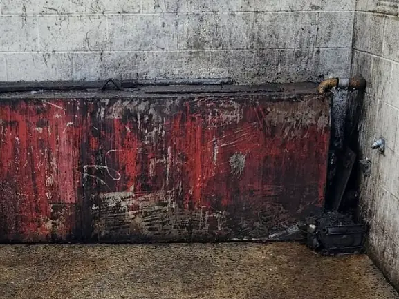 Dumpster pad with clean red wall and swept concrete floor
