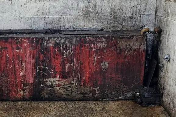 Red painted concrete wall in a cleaned commercial dumpster area